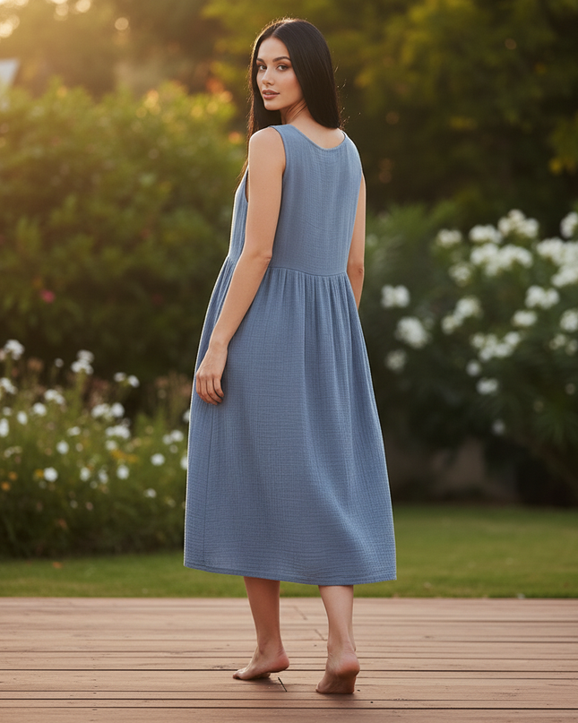 Musselin Kleid Kurz Hellblau - Boho Spaghetti Traeger - Ansicht 2