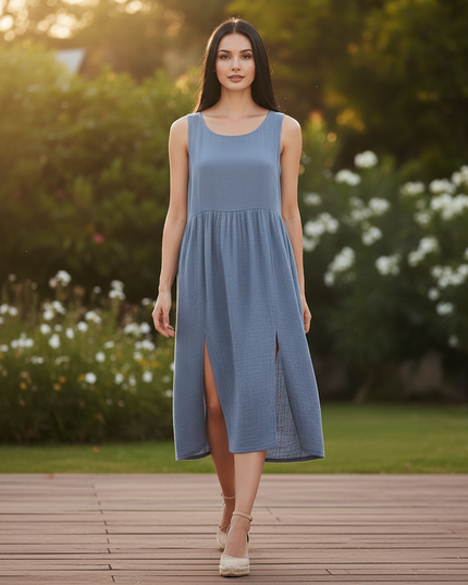 Musselin Kleid Kurz Hellblau - Boho Spaghetti Traeger - Ansicht 5
