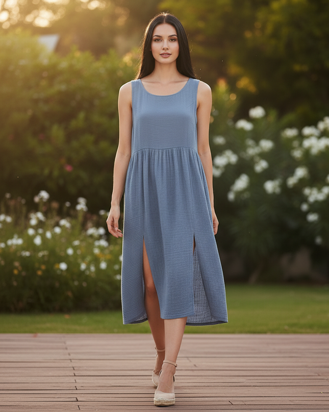 Musselin Kleid Kurz Hellblau - Boho Spaghetti Traeger - Ansicht 5