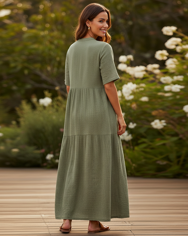 Musselin Kleid Kurz Khaki - Locker & Luftig - Ansicht 2