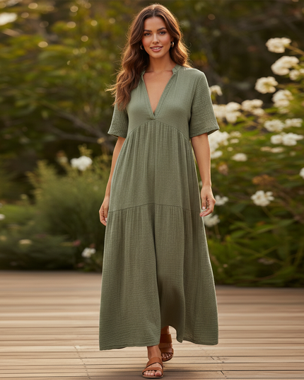 Musselin Kleid Kurz Khaki - Locker & Luftig - Ansicht 5