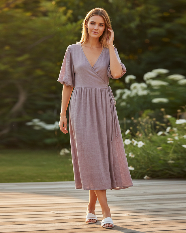 Musselin Kleid Kurz Lila Puffarmel - Baumwolle Sommer - Ansicht 1