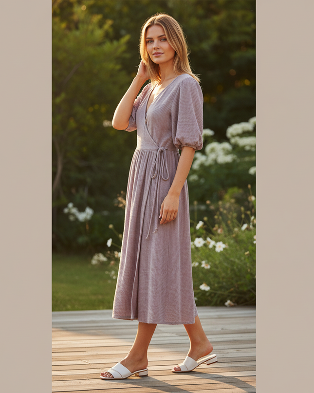 Musselin Kleid Kurz Lila Puffarmel - Baumwolle Sommer - Ansicht 3