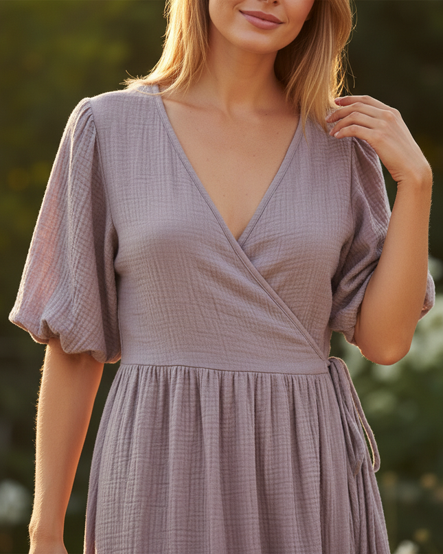 Musselin Kleid Kurz Lila Puffarmel - Baumwolle Sommer - Ansicht 4
