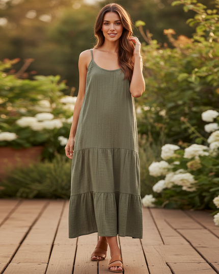 Musselin Kleid Kurz mit Kapuze - Khaki Baumwolle - Ansicht 1