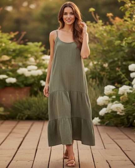 Musselin Kleid Kurz mit Kapuze - Khaki Baumwolle - Ansicht 5