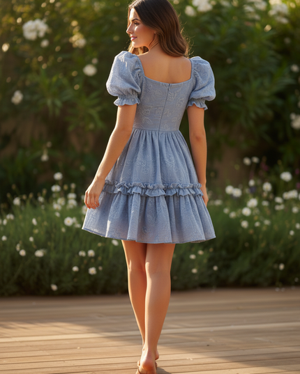 Musselin Kleid Kurz mit Spitze - Blau Blumendruck Mini - Ansicht 2