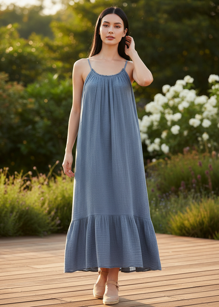 Musselin Kleid Kurz Oversized - Dunkelblau Locker - Ansicht 1