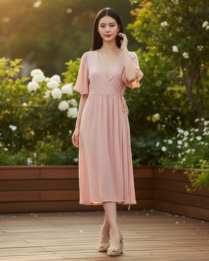 Musselin Kleid Kurz Rosa Puffarmel - Baumwolle Sommer - Ansicht 1