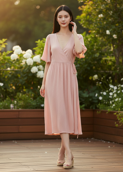 Musselin Kleid Kurz Rosa Puffarmel - Baumwolle Sommer - Ansicht 1