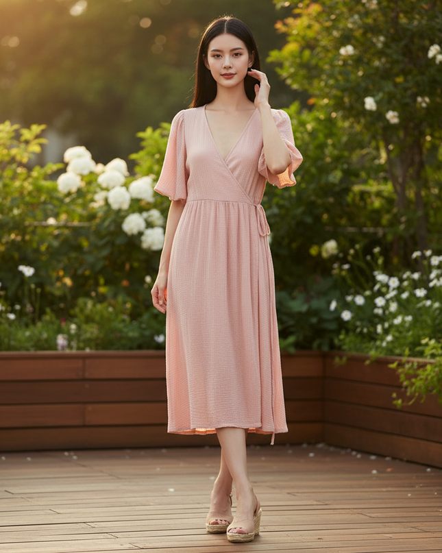 Musselin Kleid Kurz Rosa Puffarmel - Baumwolle Sommer - Ansicht 1