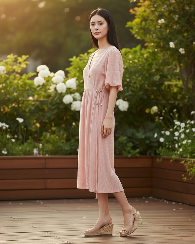 Musselin Kleid Kurz Rosa Puffarmel - Baumwolle Sommer - Ansicht 3