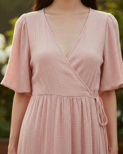 Musselin Kleid Kurz Rosa Puffarmel - Baumwolle Sommer - Ansicht 4