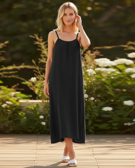 Musselin Kleid Kurz Schwarz - Schwarzes Mini Traegerkleid - Ansicht 1