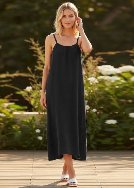 Musselin Kleid Kurz Schwarz - Schwarzes Mini Traegerkleid - Ansicht 1