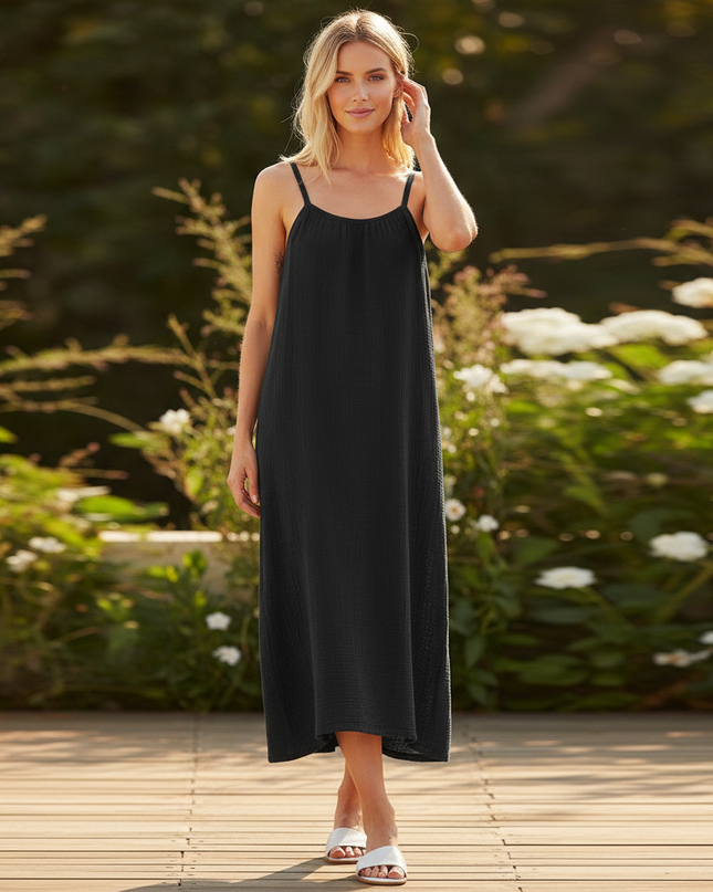 Musselin Kleid Kurz Schwarz - Schwarzes Mini Traegerkleid - Ansicht 1