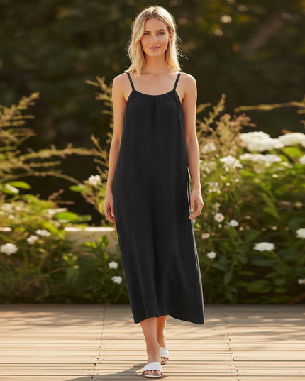 Musselin Kleid Kurz Schwarz - Schwarzes Mini Traegerkleid - Ansicht 5