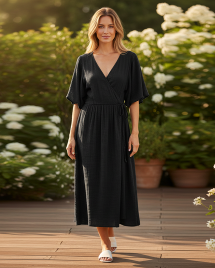 Musselin Kleid Kurz Schwarz Puffarmel - Baumwolle Sommer - Ansicht 1