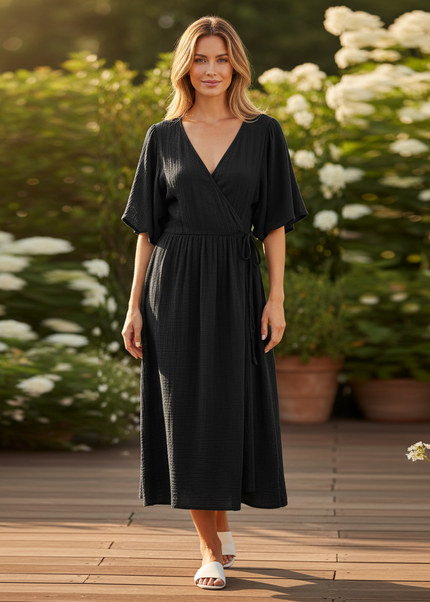 Musselin Kleid Kurz Schwarz Puffarmel - Baumwolle Sommer - Ansicht 1
