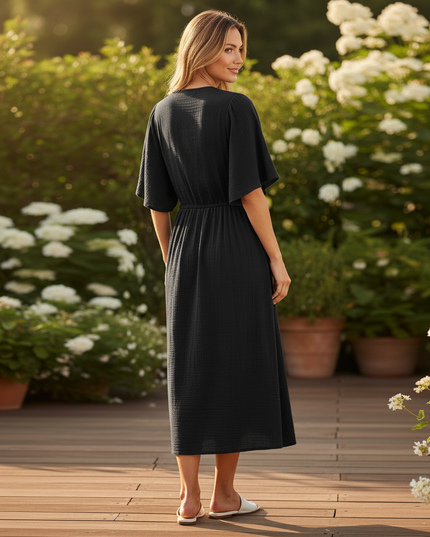 Musselin Kleid Kurz Schwarz Puffarmel - Baumwolle Sommer - Ansicht 2