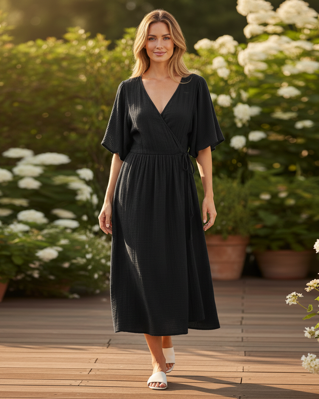 Musselin Kleid Kurz Schwarz Puffarmel - Baumwolle Sommer - Ansicht 5