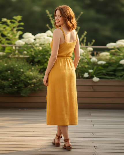 Musselin Kleid Kurz Senfgelb - V-Ausschnitt Elegant - Ansicht 2