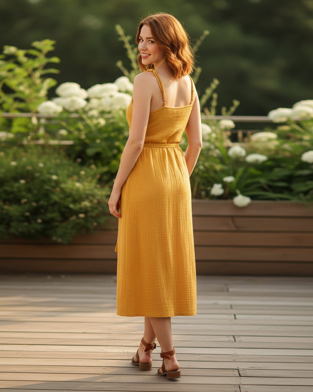 Musselin Kleid Kurz Senfgelb - V-Ausschnitt Elegant - Ansicht 2
