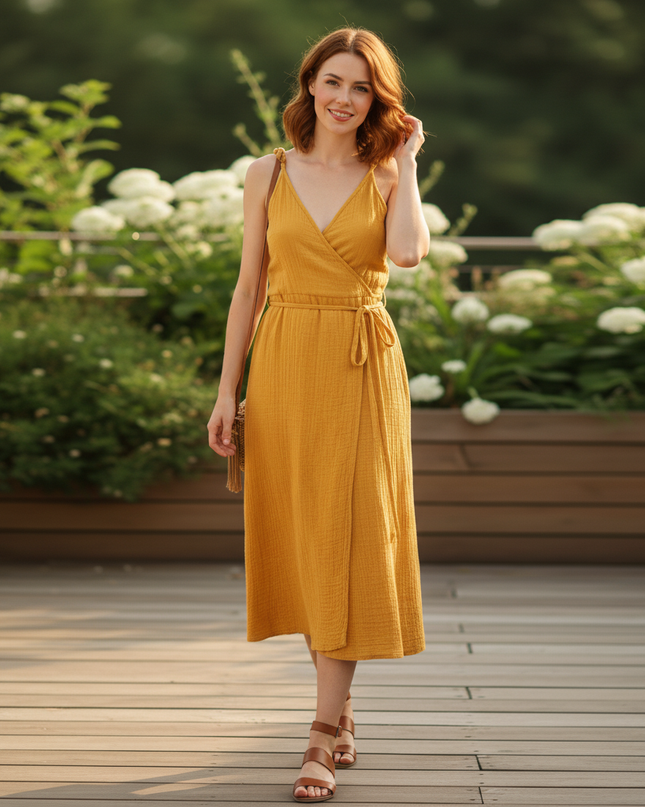 Musselin Kleid Kurz Senfgelb - V-Ausschnitt Elegant - Ansicht 5