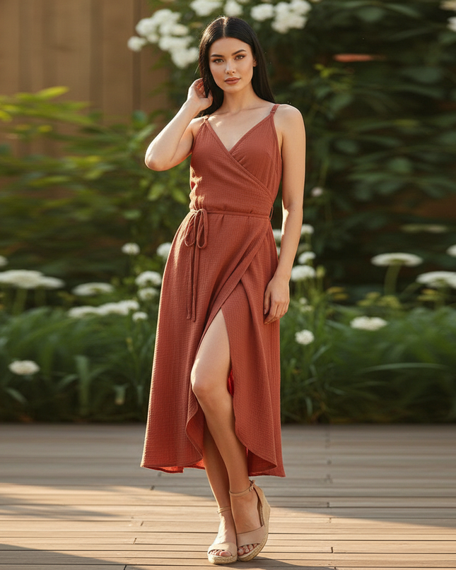 Musselin Kleid Kurz V-Ausschnitt - Rot Elegant - Ansicht 1