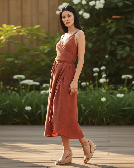 Musselin Kleid Kurz V-Ausschnitt - Rot Elegant - Ansicht 3