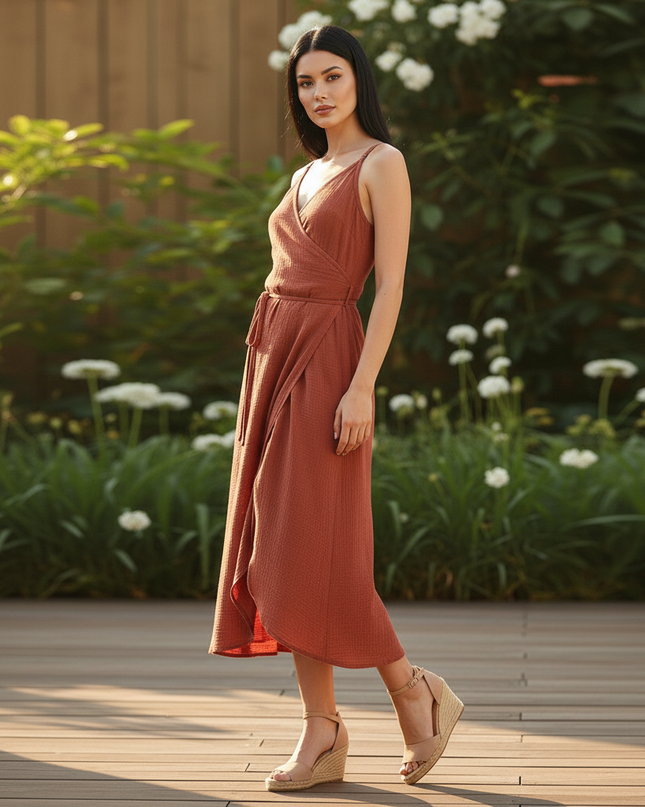 Musselin Kleid Kurz V-Ausschnitt - Rot Elegant - Ansicht 3