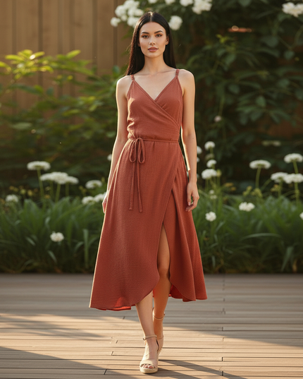 Musselin Kleid Kurz V-Ausschnitt - Rot Elegant - Ansicht 5