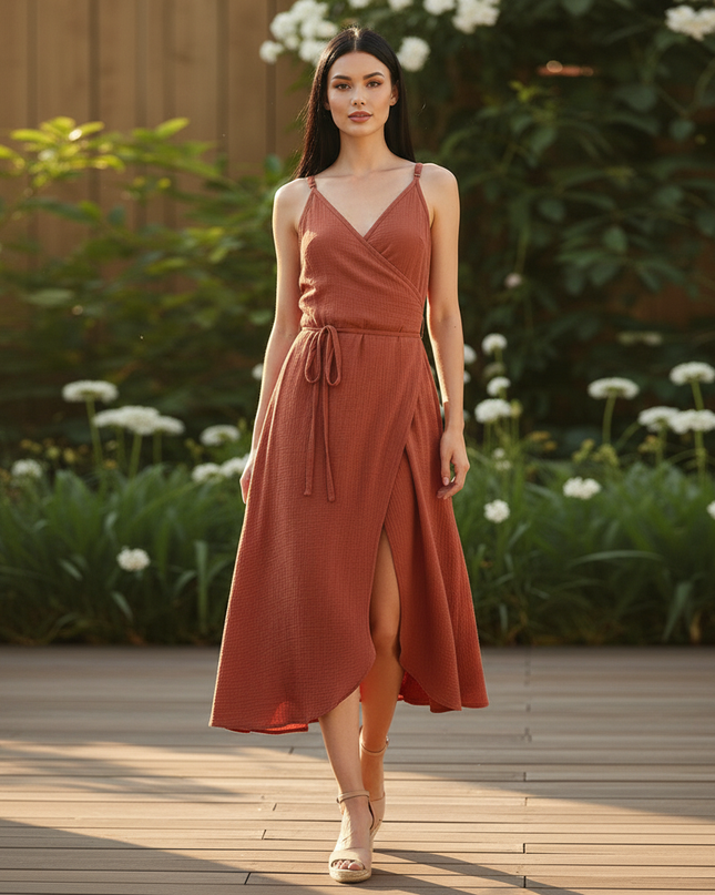 Musselin Kleid Kurz V-Ausschnitt - Rot Elegant - Ansicht 5