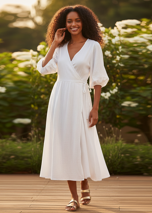 Musselin Kleid Kurz Weiss Puffarmel - 100% Baumwolle - Ansicht 1