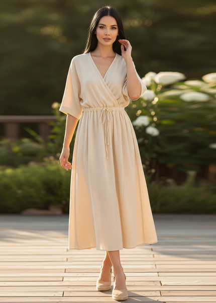 Musselin Kleid Kurzarm - Elegantes Apricot A-Linie - Ansicht 1