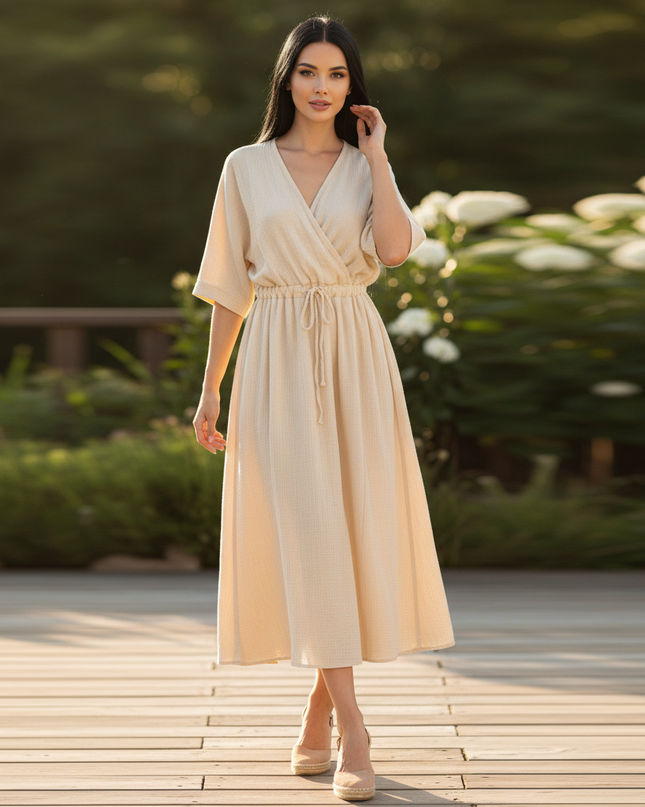 Musselin Kleid Kurzarm - Elegantes Apricot A-Linie - Ansicht 1