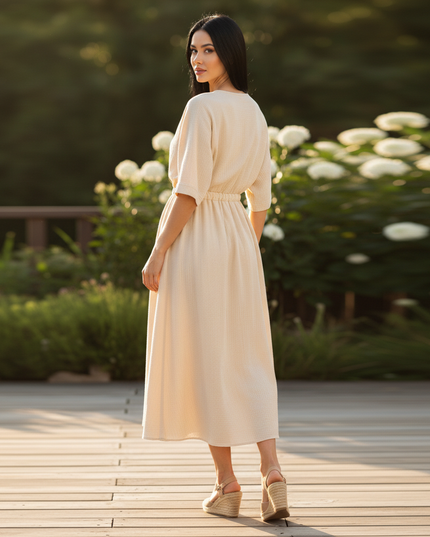 Musselin Kleid Kurzarm - Elegantes Apricot A-Linie - Ansicht 2