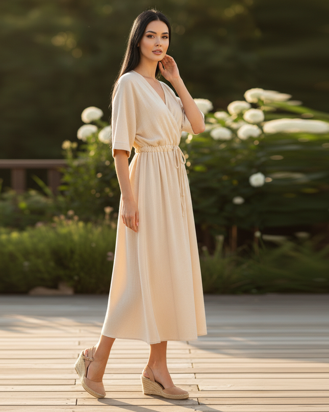 Musselin Kleid Kurzarm - Elegantes Apricot A-Linie - Ansicht 3