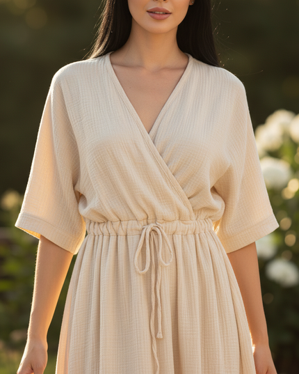 Musselin Kleid Kurzarm - Elegantes Apricot A-Linie - Ansicht 4