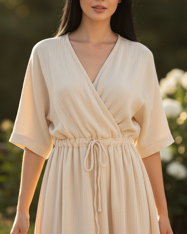 Musselin Kleid Kurzarm - Elegantes Apricot A-Linie - Ansicht 4
