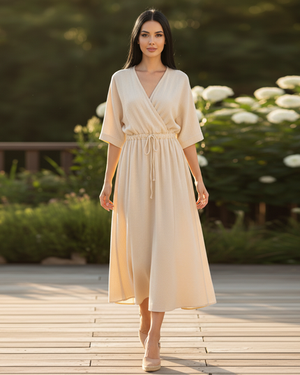 Musselin Kleid Kurzarm - Elegantes Apricot A-Linie - Ansicht 5