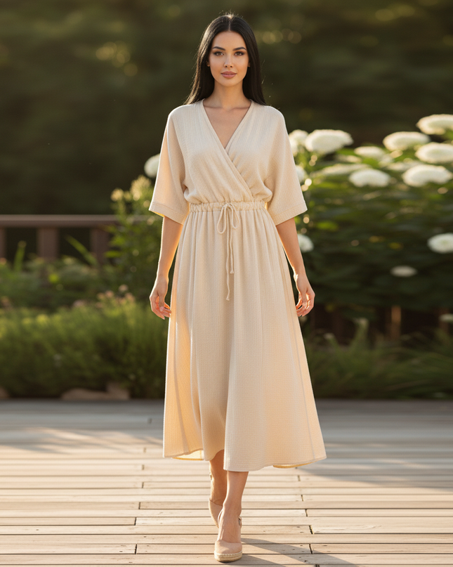 Musselin Kleid Kurzarm - Elegantes Apricot A-Linie - Ansicht 5