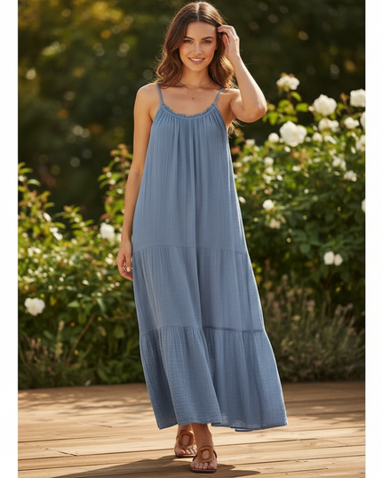 Musselin Kleid Lang Blau - Sommerkleid Baumwolle - Ansicht 1