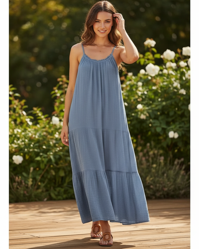 Musselin Kleid Lang Blau - Sommerkleid Baumwolle - Ansicht 1