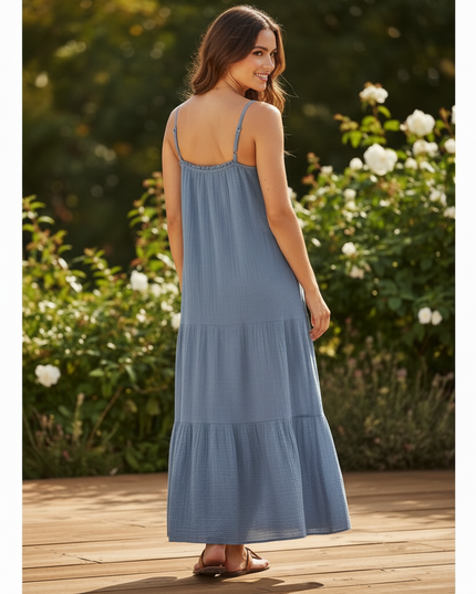 Musselin Kleid Lang Blau - Sommerkleid Baumwolle - Ansicht 2