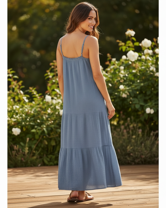 Musselin Kleid Lang Blau - Sommerkleid Baumwolle - Ansicht 2
