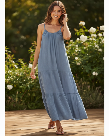 Musselin Kleid Lang Blau - Sommerkleid Baumwolle - Ansicht 3