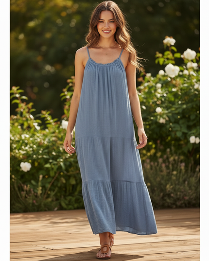 Musselin Kleid Lang Blau - Sommerkleid Baumwolle - Ansicht 5