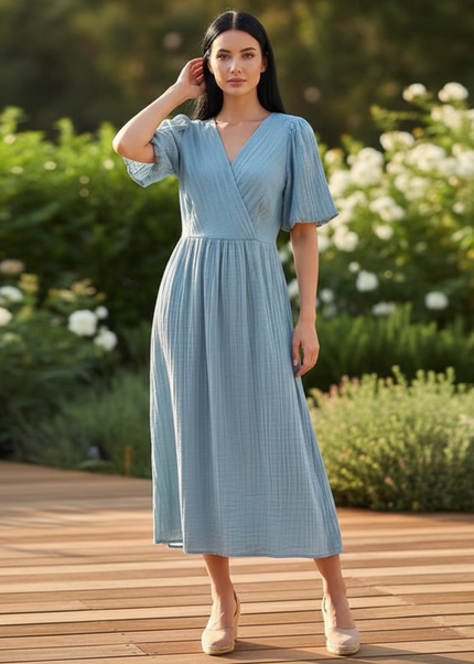 Musselin Kleid Lang Hellblau - Fliessend & Leicht - Ansicht 1