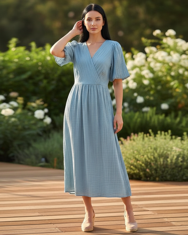 Musselin Kleid Lang Hellblau - Fliessend & Leicht - Ansicht 1